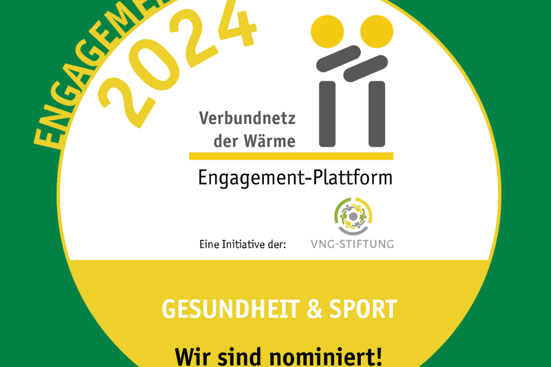 Logo des Engagementpreises 2024 für Gesundheit & Sport, nominiert von der VNG-Stiftung, auf grünem Hintergrund.