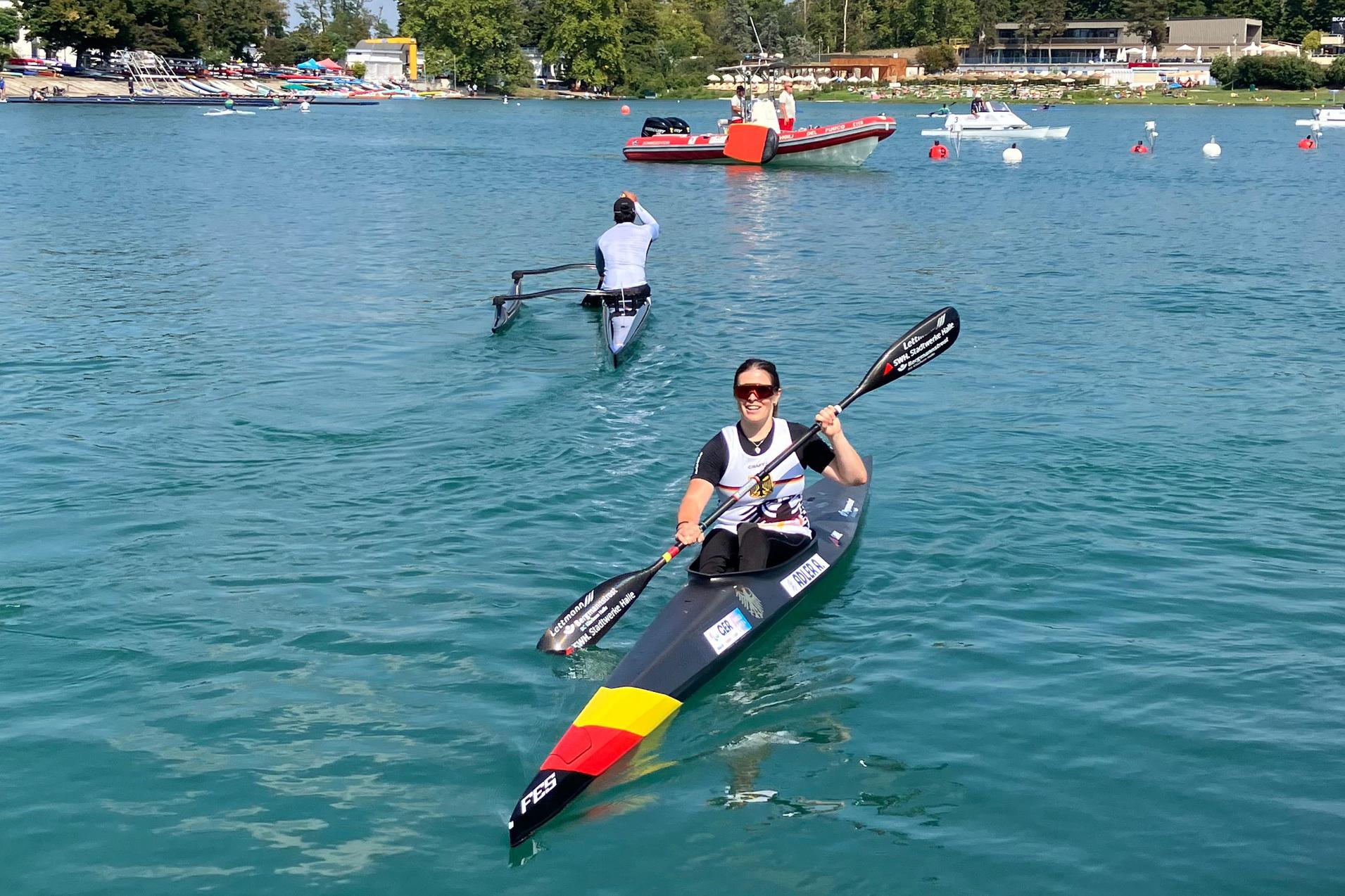 Anja Adler EM 2026 Anja Adler im Kajak bei der Europameisterschaft 2026 im portugiesischen Montemor-o-Velho.
