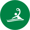 Symbol eines Sportlers, der einen Ball im Wassersport wirft, auf grünem Hintergrund.
